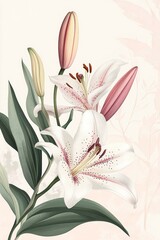 Obraz premium Beautiful white lily flowers are blooming with pink and green details