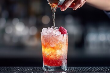A bartendera??s hand pouring freshly brewed raspberry tea over crushed ice in a glass, creating a gradient color effect.