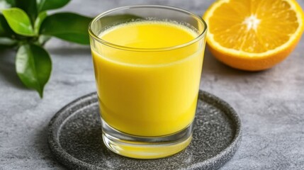 Glass of Fresh Orange Juice on Gray Surface