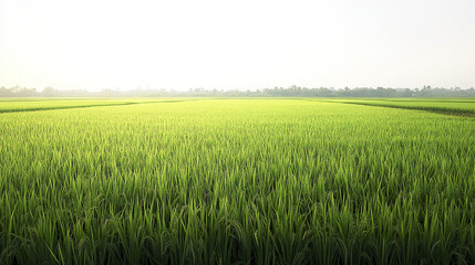 lush green rice field stretches into horizon under bright sky