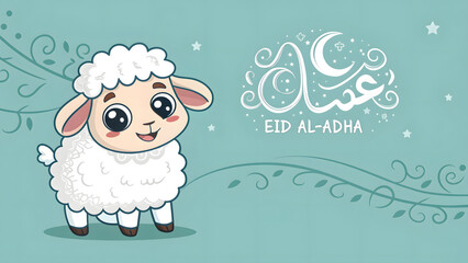 Naklejka premium Cute cartoon sheep vector illustration on a grassy farm Eid al-Adha