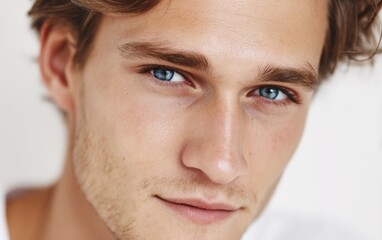 Obraz premium A close-up portrait of a confident young man with light brown hair and blue eyes, pure white background