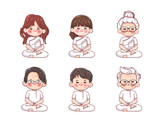 Cartoon people meditating, practices dharma. illustration vector premium.