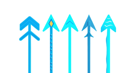 Multiple glowing blue arrows with futuristic light style, direction icons set in high resolution, isolated PNG for UI and graphic elements