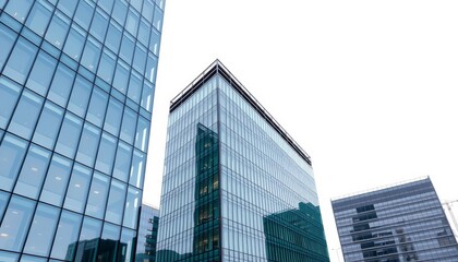 Obraz premium Sleek glass and steel contemporary office buildings against a pure white background, professional, steel
