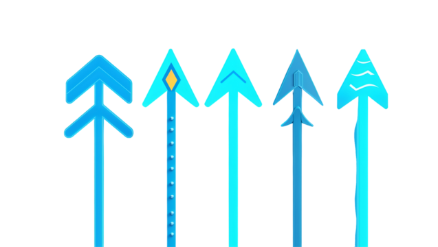 Multiple glowing blue arrows with futuristic light style, direction icons set in high resolution, isolated PNG for UI and graphic elements