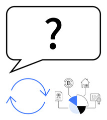 Speech bubble with question mark, blue circular arrows, diagram linking Bitcoin, graphs, house, and certificate. Ideal for finance, decision making, problem solving cryptocurrency analysis real