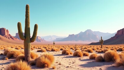 - Minimalist desert landscape with cactus and mountains on the horizon, mountains, vector, horizon