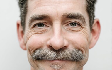 Obraz premium A close-up portrait of a smiling middle-aged man with mustache, pure white background