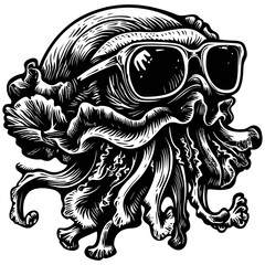 Fototapeta premium Stylish Jellyfish with Sunglasses in Vintage Black and White Style