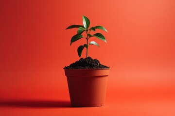 Fototapeta premium A small potted plant on a vibrant red background is shown