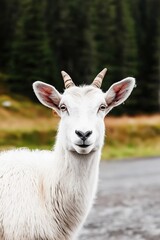 Obraz premium White goat in scenic mountain landscape with forest background
