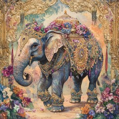 Fototapeta premium Decorated elephant stands amidst flowers and foliage in an ornate setting.