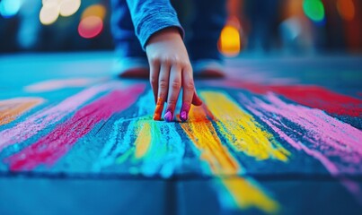 Obraz premium A child's hand blends vibrant chalk colors on a blue surface, creating a playful, textured artwork.