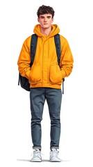 Fototapeta premium A young man in a bright yellow hoodie and backpack stands confidently, showcasing a casual urban style.
