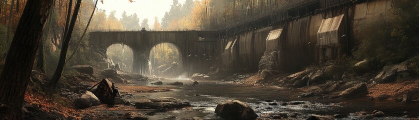Misty Autumn River Valley with Old Bridge