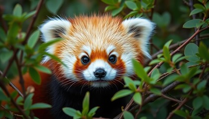 Naklejka premium A fluffy red panda cub, eyes wide, nestled in soft foliage, fluffy, macro