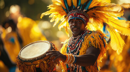 Portrait of a joyful black man in a vibrant feathered Junkanoo costume playing a traditional drum during a street parade in the Bahamas, celebrating cultural heritage and rhythm. Copy space, banner