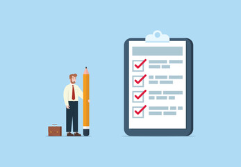 A businessman is ticking boxes to get things done. Completed checklist Success or project progress concept. Concept of ticking boxes to check all completed tasks for the day.