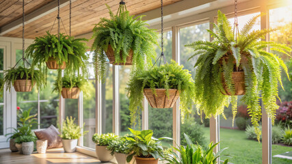 Fototapeta premium Hanging ferns and potted plants in bright sunroom