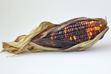 Dried Indian Corn Cob Vibrant Colors Autumnal Hues Dried Husks Detailed Texture White Background isolated on transparent background