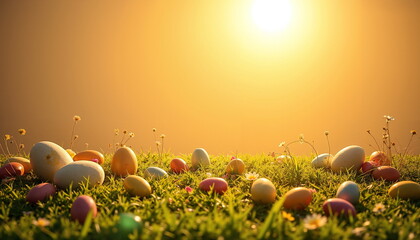 Easter background with colorful eggs on fresh green grass under the rising sun, postcard, place for text.