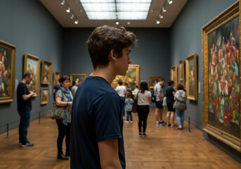 Person in Art Gallery, People Viewing Paintings, Museum Exhibition, Art Appreciation, Culture.