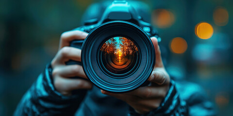 Photographer capturing the essence of reality through a large lens on a vibrant day. Header banner mockup with copy space.