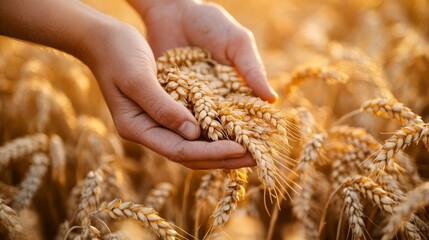 A farmer's hands lifting a handful of freshly harvested wheat, golden stalks rustling in the autumn breeze.