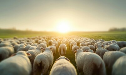 Obraz premium A large group of sheep walks towards the glowing sun across a green field at sunrise.