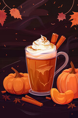 Pumpkin and cinnamon latte is served in a glass mug
