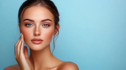 closeup beauty portrait of feminine model with glowing skin healthy complexion and natural makeup touching her face calmly against soft blue background