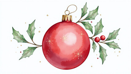 beautiful watercolor illustration red christmas ornament green leaf berry design festive holiday
