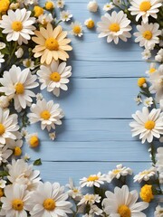 Fototapeta premium Bright and cheerful spring themed background with fresh yellow and white flowers top border, Garden flowers over wooden background