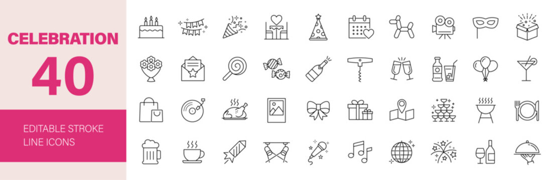 Celebration icon set. Party related line icons: celebrate, birthday, event, happy new year, dancing, fireworks, cheers, gift, invitation, wedding and more. Editable stroke. Vector illustration.