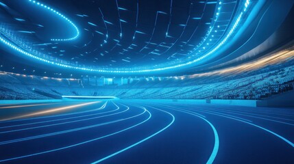 futuristic illuminated stadium with blue racing track and glowing led lights creates a captivating scene of competitive energy and excitement