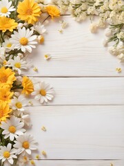 Obraz premium Bright and cheerful spring themed background with fresh yellow and white flowers top border, Garden flowers over wooden background