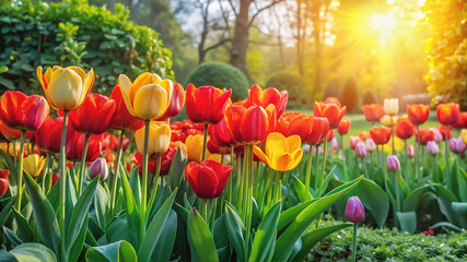 Red and yellow tulips blooming in sunny spring garden