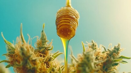 Golden Honey Dripping onto Cannabis Flower Close up