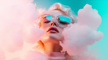 Dreamy young blonde woman with closed eyes surrounded by soft pastel clouds on light blue background.