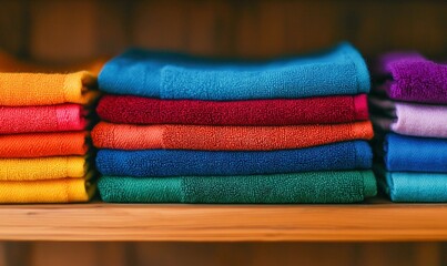 A neatly arranged stack of colorful towels on a wooden shelf creates a vibrant and organized display.