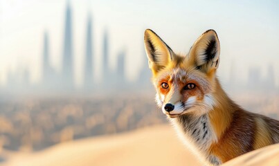 Fototapeta premium A curious red fox surveys the landscape, with a modern city skyline softly rising in the background.