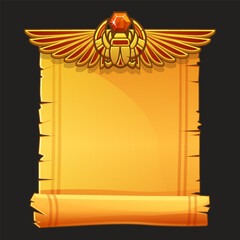 Ancient Egypt papyrus scroll cartoon vector with scarab and Egyptian culture religious wings, Egyptian icon, object, background or frame for game development.