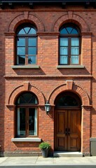 Fototapeta premium - Weathered brick building facade with arched windows, rustic charm, old, rustic