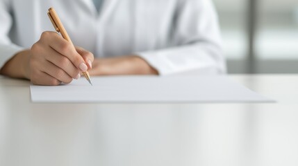 Fototapeta premium Close up of Woman's Hand Writing on White Paper with Wooden Pen Professional Office Setting