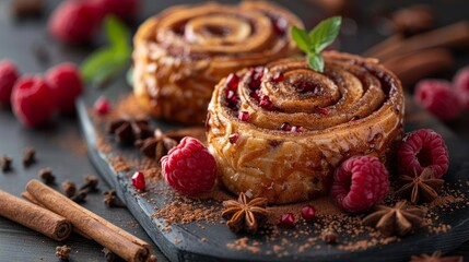 The spiral shape of the rolls is well-defined, with visible layers of golden dough and darker cinnamon filling swirled within.