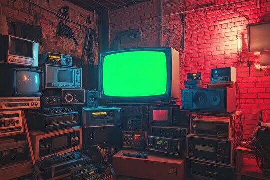 Vintage collection of retro televisions, cassette players, and audio equipment with a glowing green screen in a neon-lit industrial room