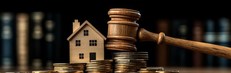 A tiny house on a stack of coins, with a gavel and law book in the background, symbolizing the estate planning process to handle, safeguard, and allocate a person's assets following death or