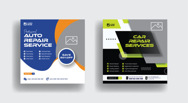 Editable social media post, banner, ad template for auto repair services shop, car wash, or car rental service. suitable for a social media square flyer or poster template design