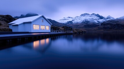 Obraz premium Tranquil cabin by a serene lake at dawn, nestled in a mountain landscape. The cabin's white exterior, lit windows, and reflection on the still water creates a peaceful ambiance